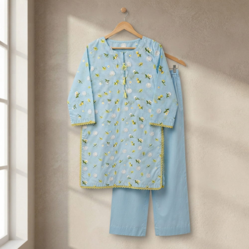 Sky Blue 3D Chikankari Pure Lawn - Women