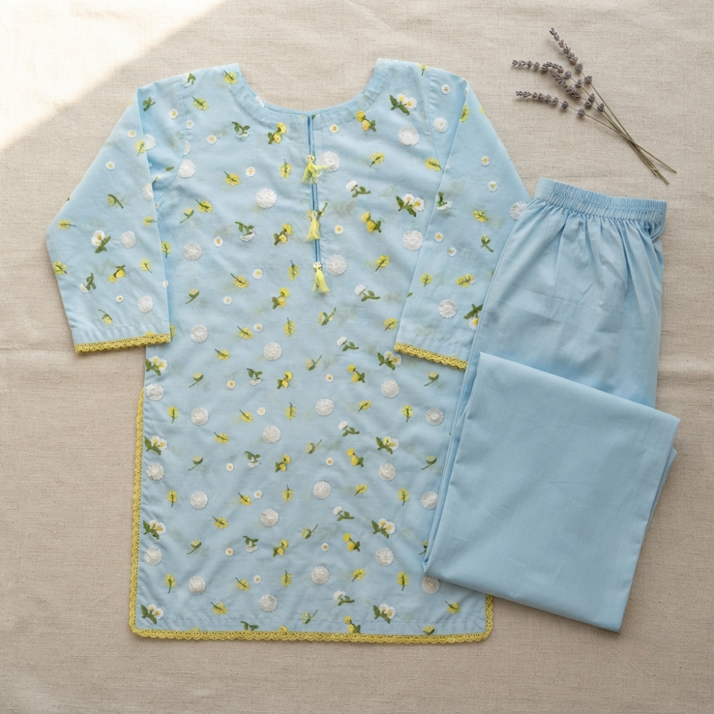 Sky Blue 3D Chikankari Pure Lawn - Women