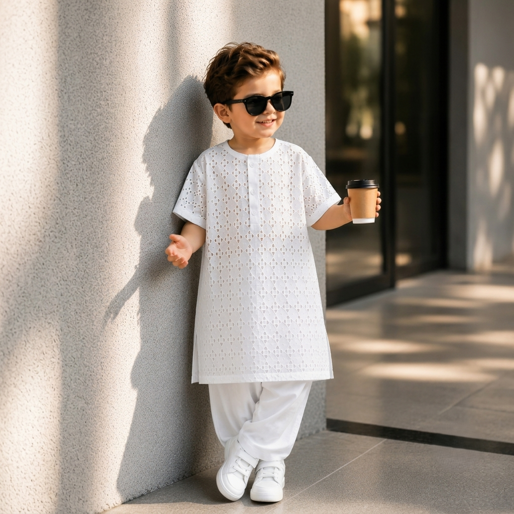 Off White Pure Chikan Lawn - Kids