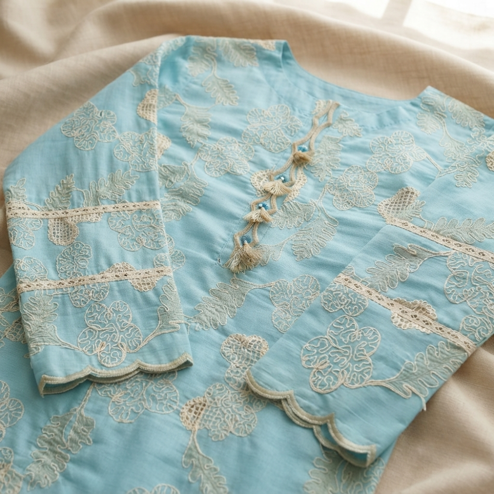 Aqua Blue Pure Embroidered Silk Lawn - Women