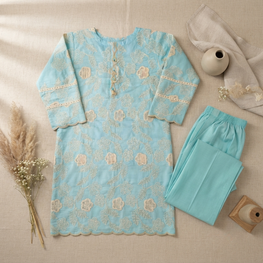 Aqua Blue Pure Embroidered Silk Lawn - Women