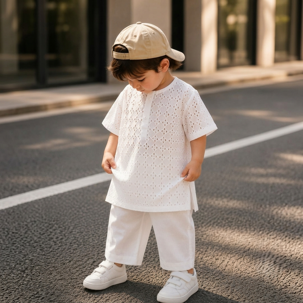 Off White Pure Chikan Lawn - Kids