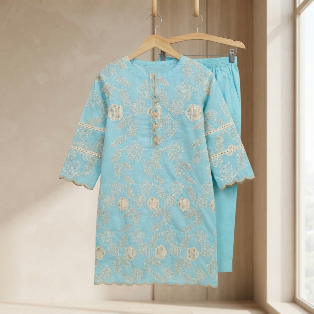 Aqua Blue Pure Embroidered Silk Lawn - Women