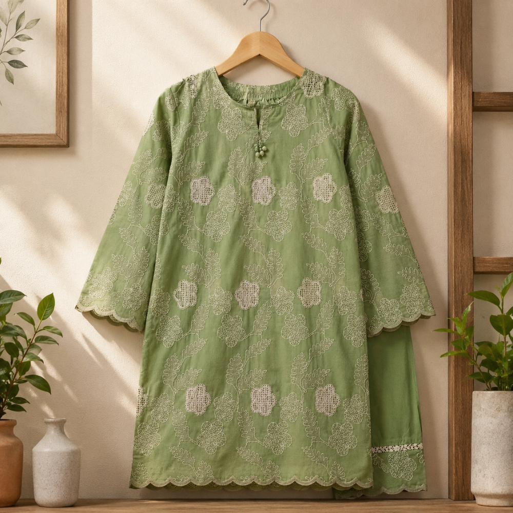 Pistachio Green Pure Embroidered Silk Lawn - Women