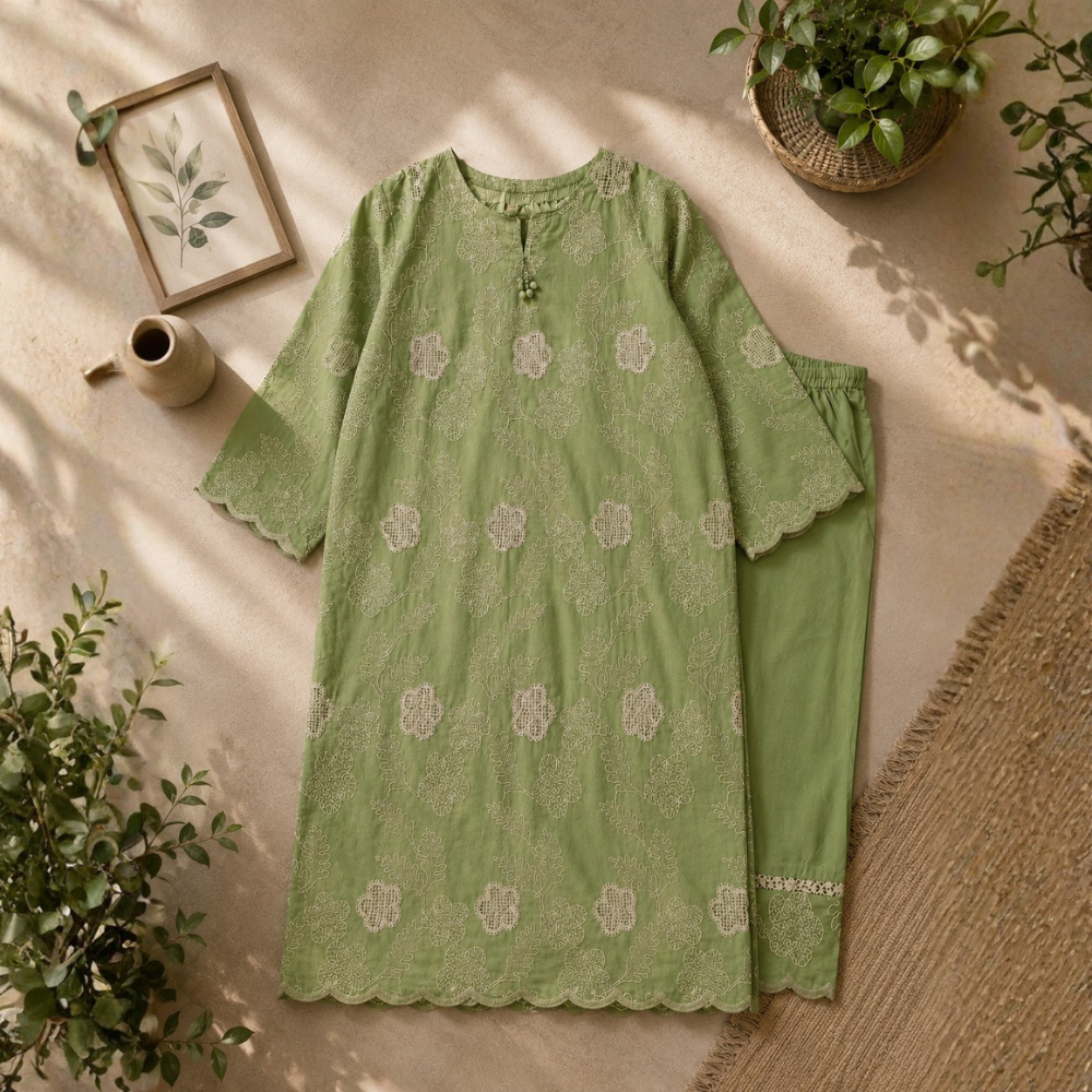 Pistachio Green Pure Embroidered Silk Lawn - Women