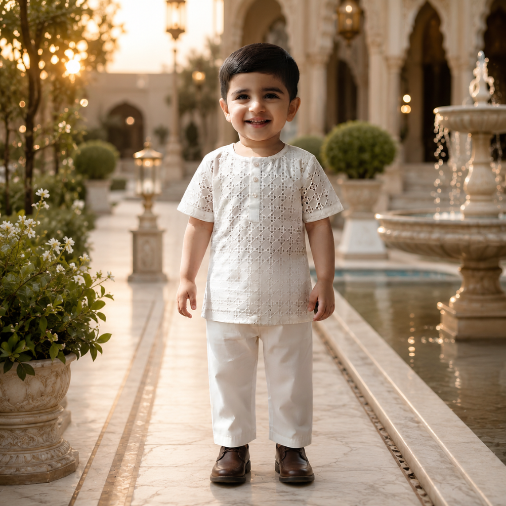 Off White Pure Chikan Lawn - Kids