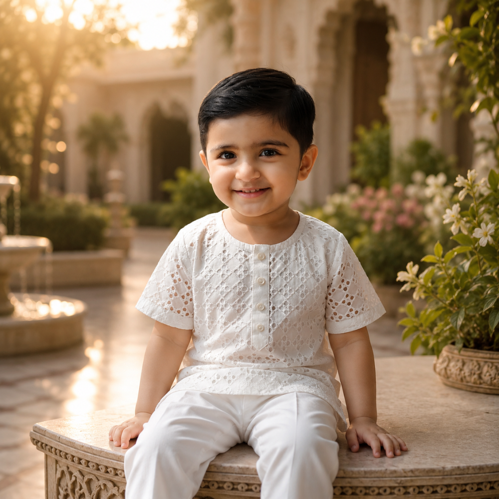 Off White Pure Chikan Lawn - Kids