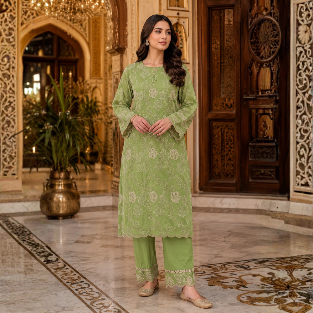 Pistachio Green Pure Embroidered Silk Lawn - Women