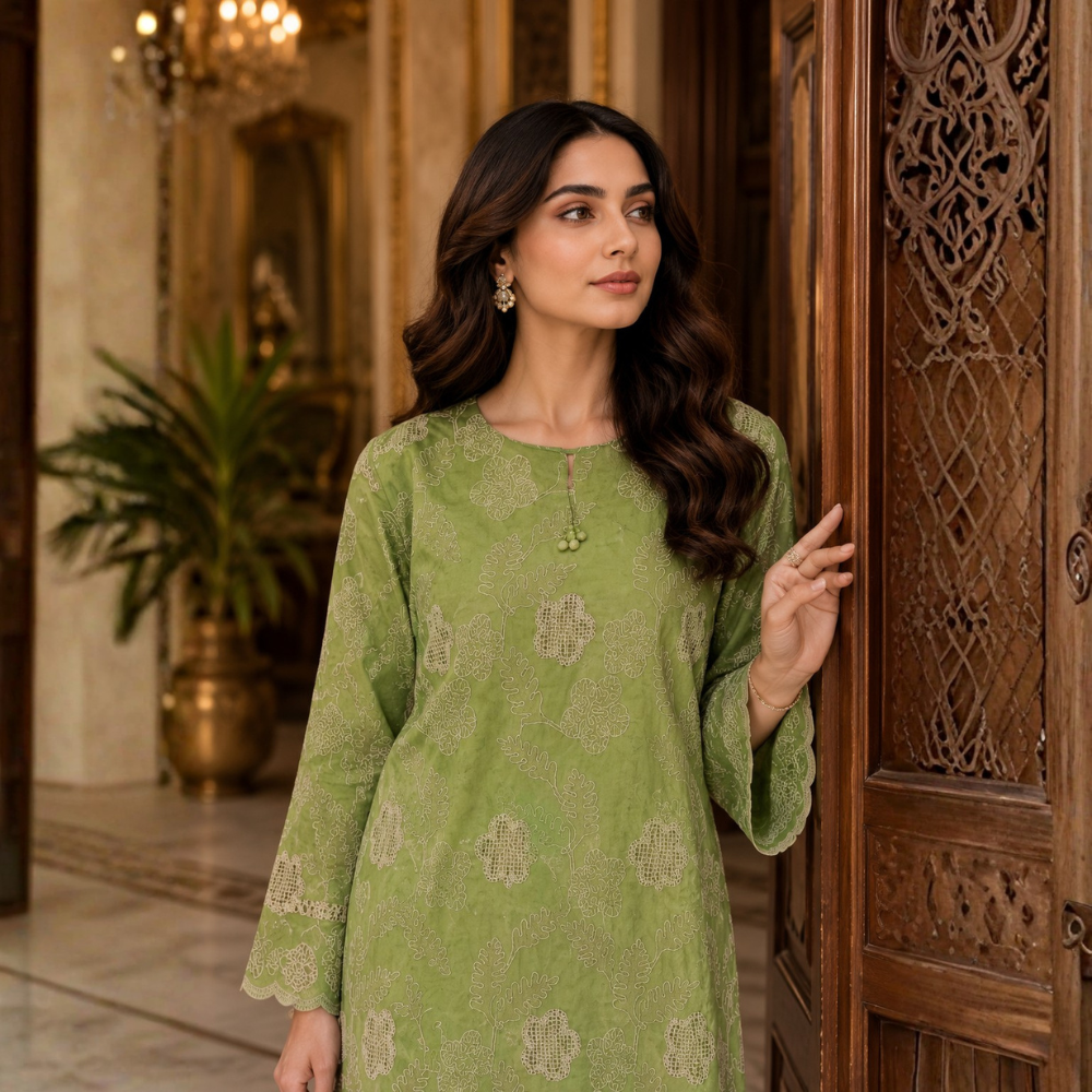 Pistachio Green Pure Embroidered Silk Lawn - Women