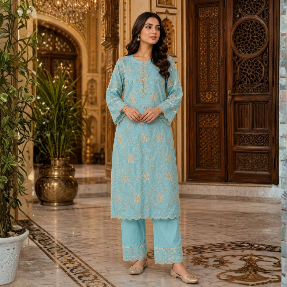 Aqua Blue Pure Embroidered Silk Lawn - Women