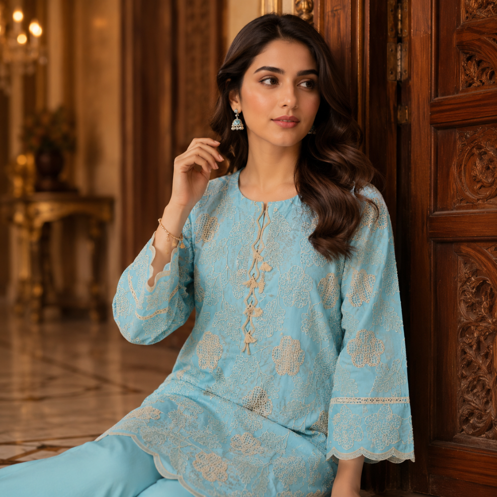 Aqua Blue Pure Embroidered Silk Lawn - Women