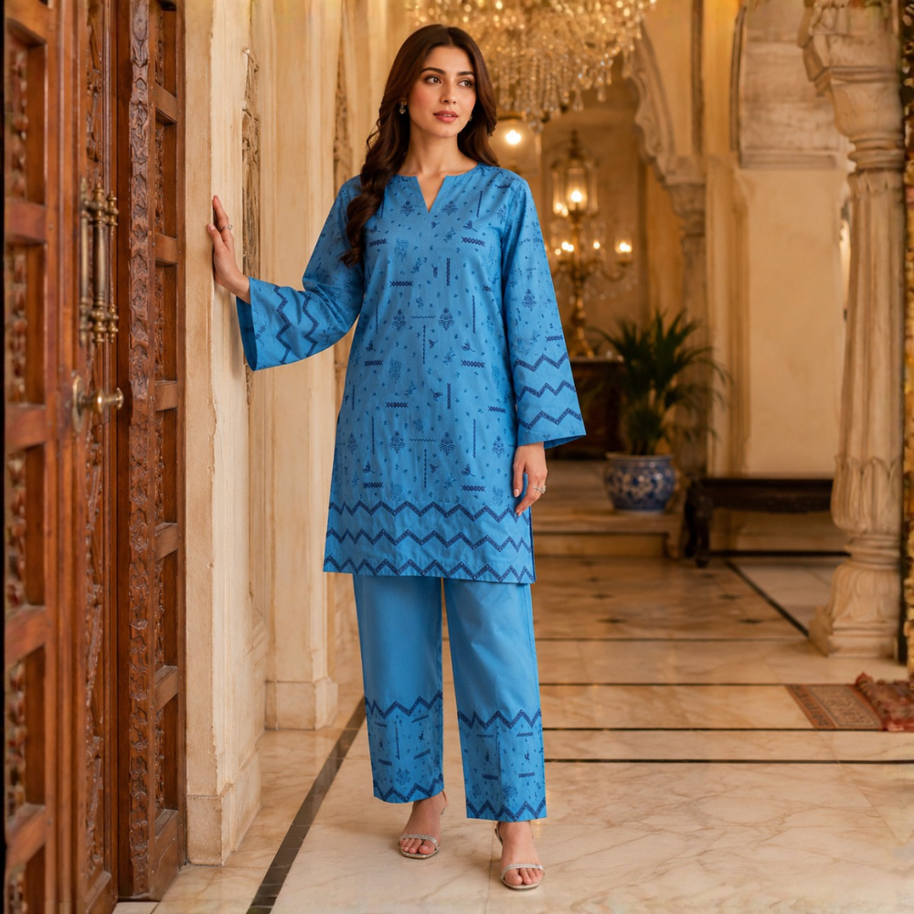 Royal Blue Embroidered Lawn - Women