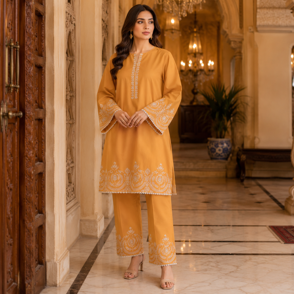 Mustard Gold Embroidered Pure Lawn - Women