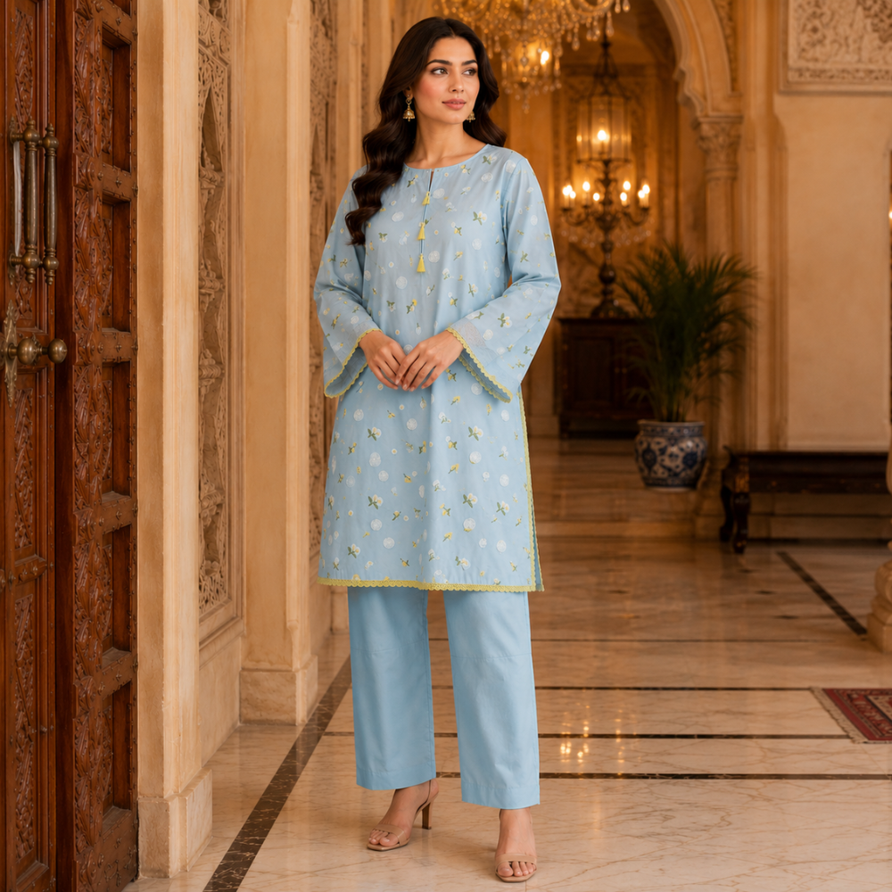 Sky Blue 3D Chikankari Pure Lawn - Women