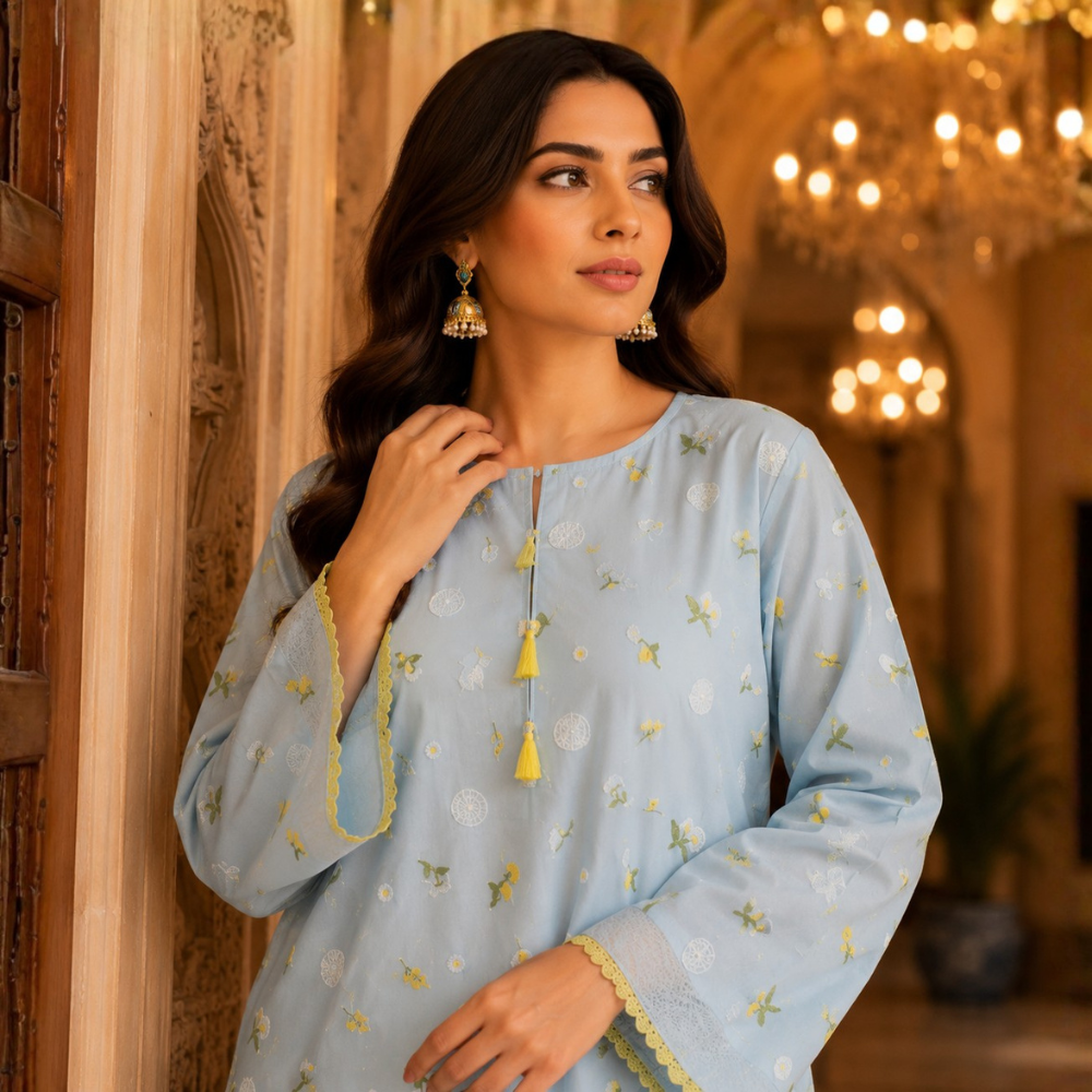 Sky Blue 3D Chikankari Pure Lawn - Women