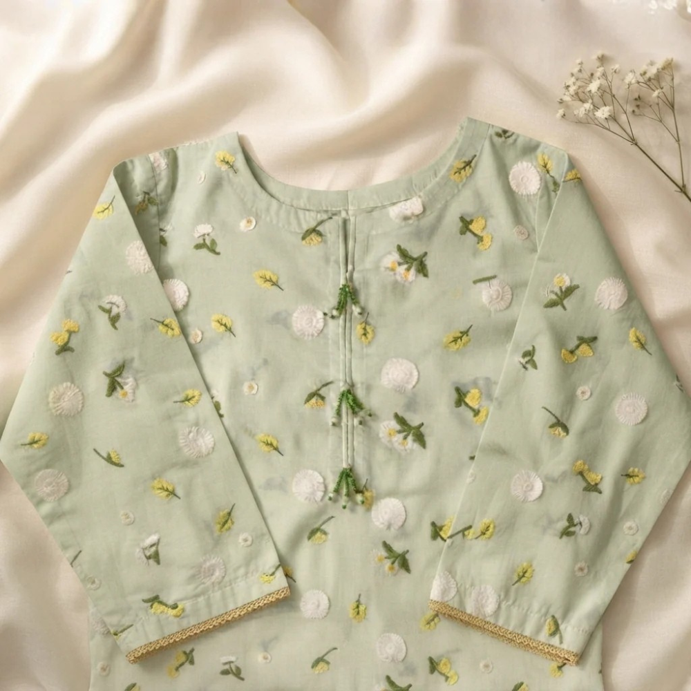 Tea Green 3D Chikankari Pure Lawn - Women