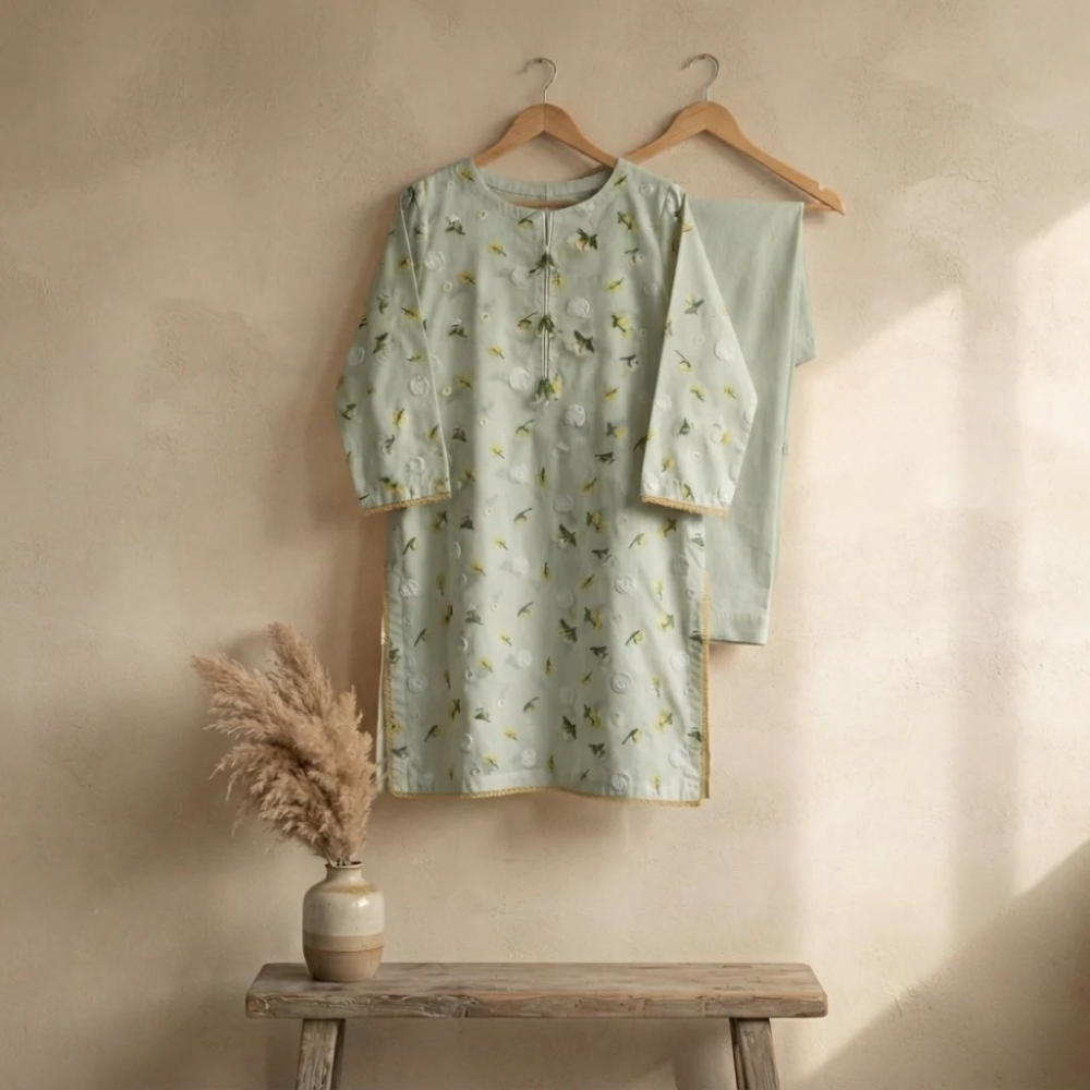 Tea Green 3D Chikankari Pure Lawn - Women