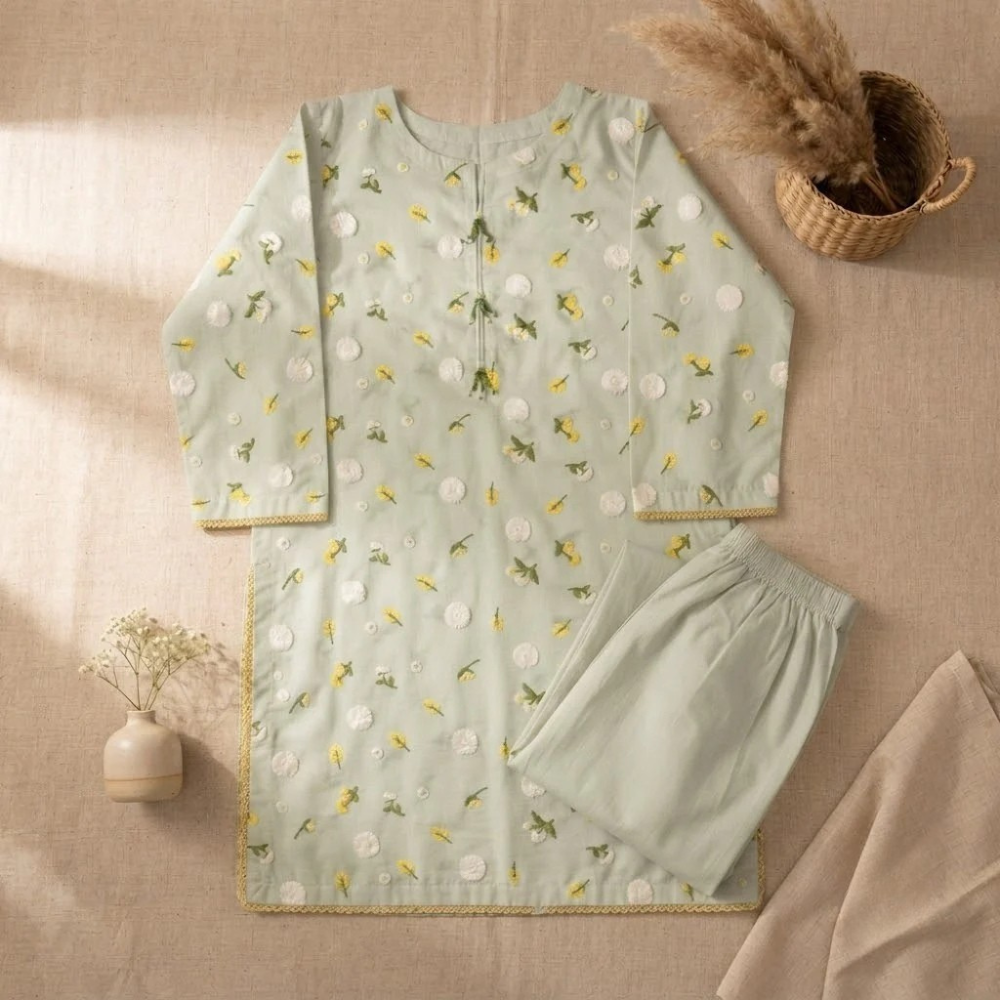 Tea Green 3D Chikankari Pure Lawn - Women