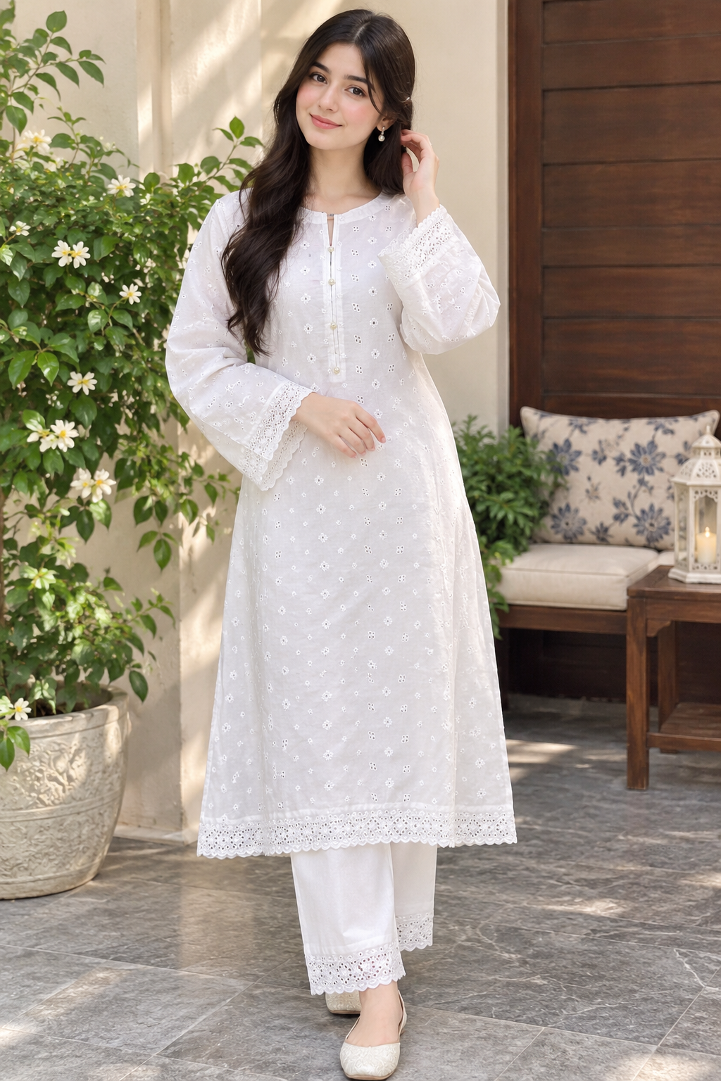 White Embroidered Chiken kaari Pure Lawn - Women