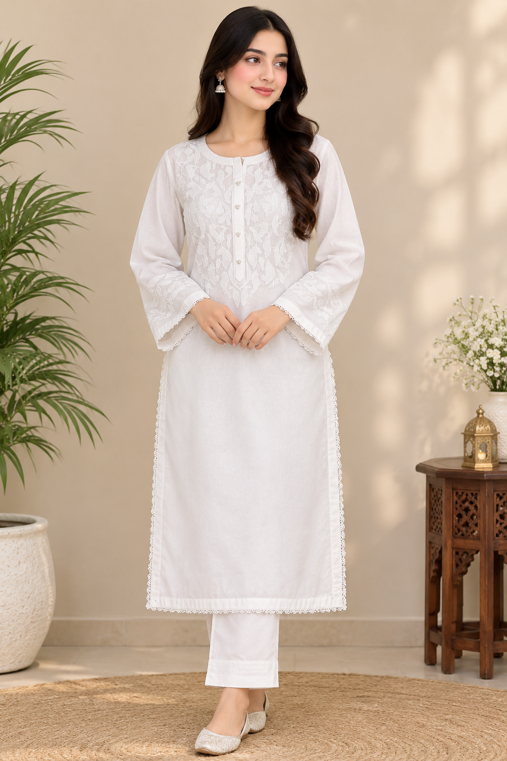 Premium Pure White Chikankari Lawn - Women