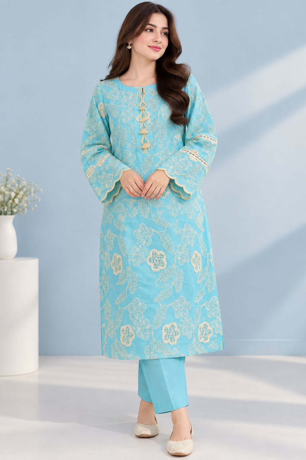 Aqua Blue Pure Embroidered Silk Lawn - Women