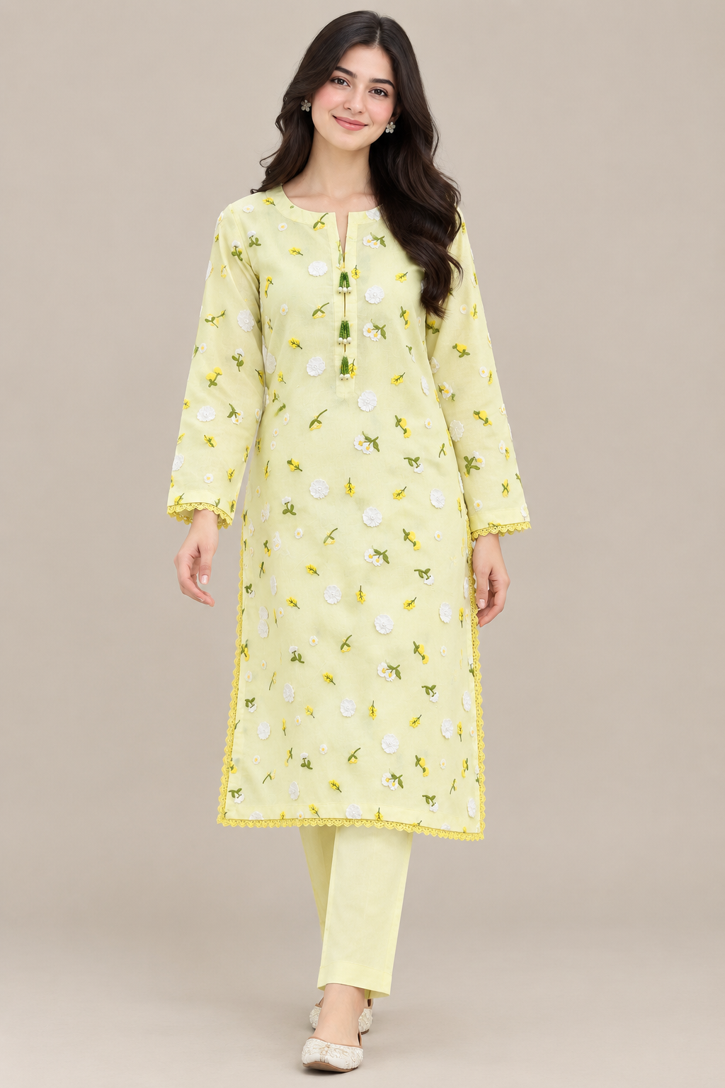 Lemon Yellow 3D Chikankari Pure Lawn - Women
