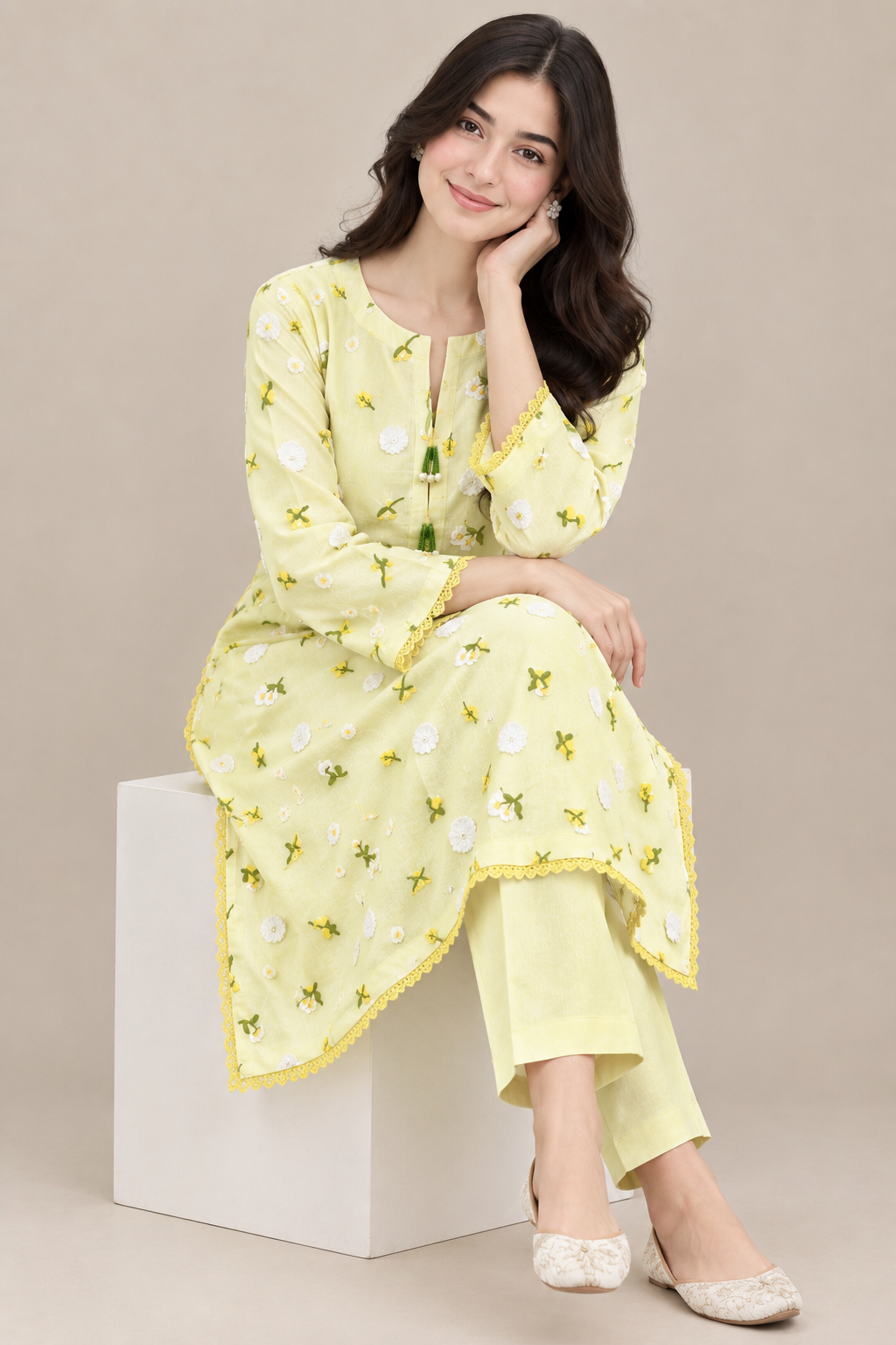 Lemon Yellow 3D Chikankari Pure Lawn - Women