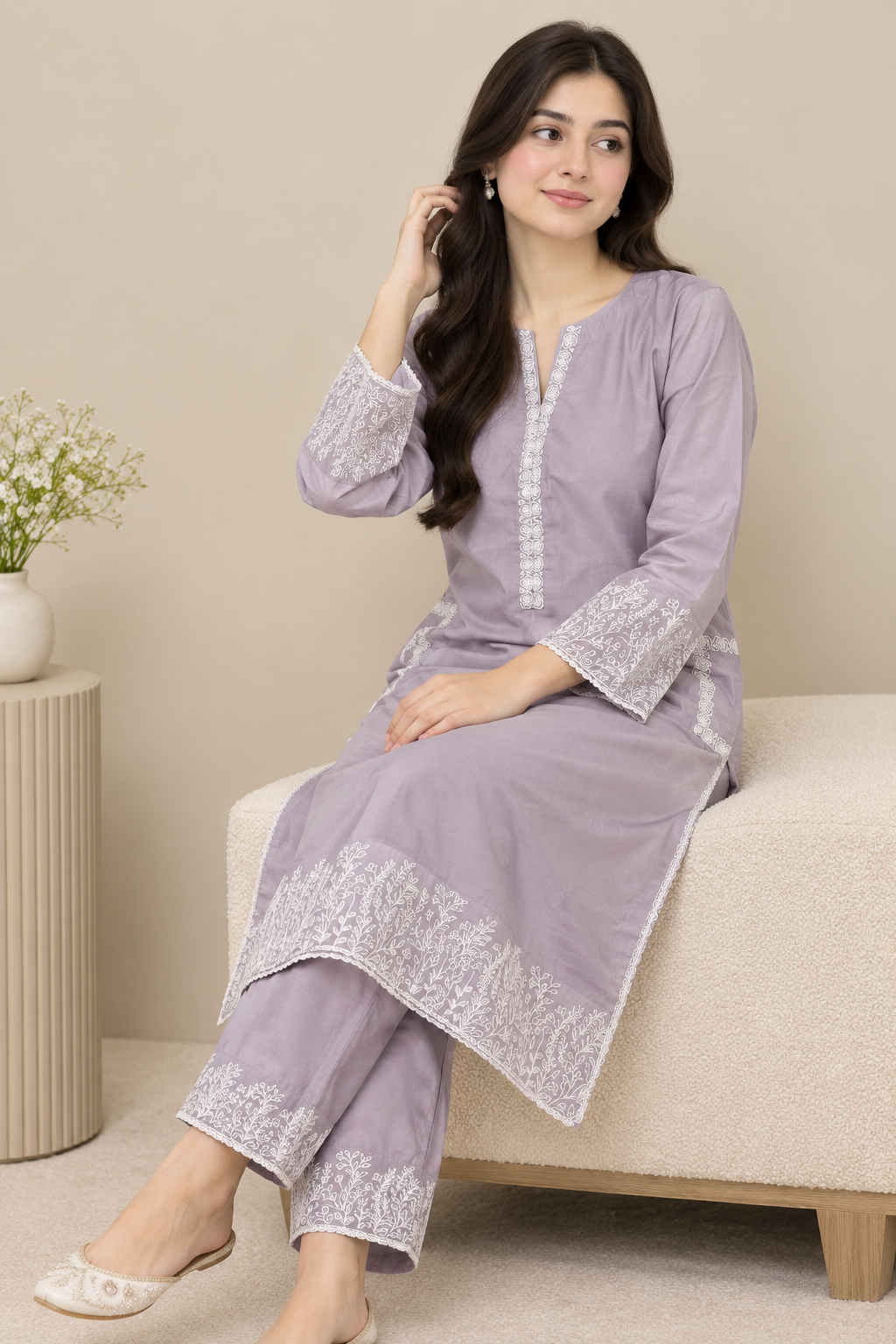 Mauve Purple Embroidered Pure Lawn - Women