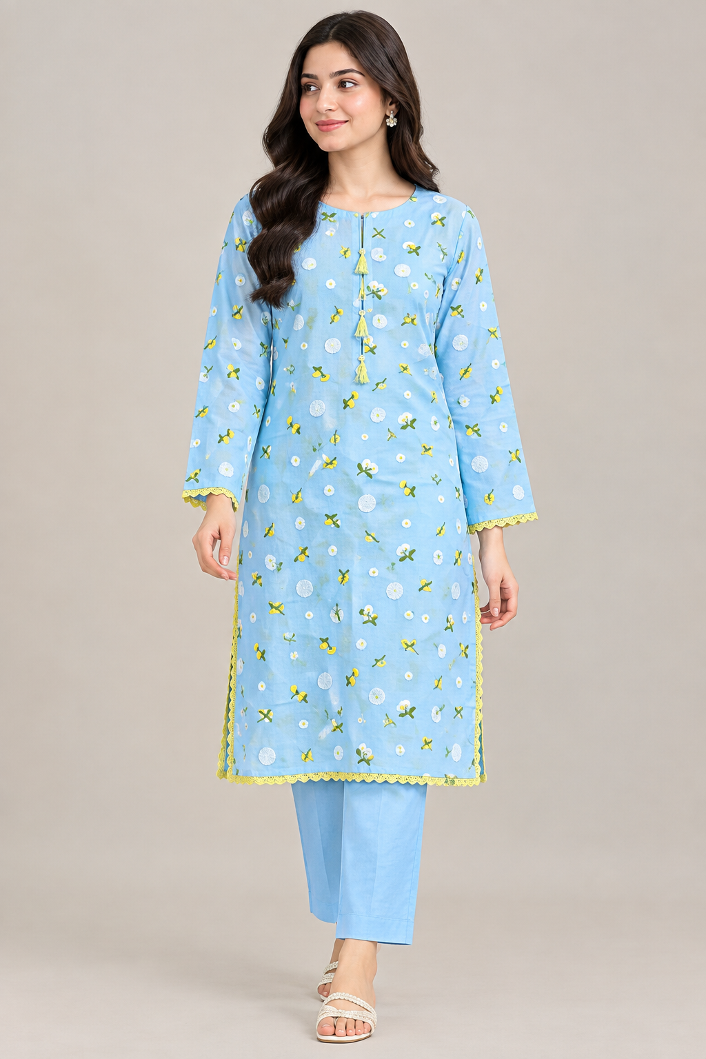 Sky Blue 3D Chikankari Pure Lawn - Women