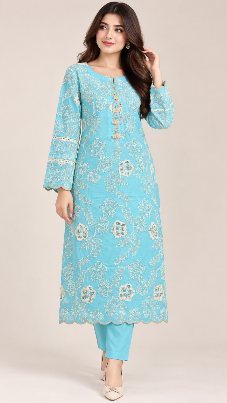 Aqua Blue Pure Embroidered Silk Lawn - Women