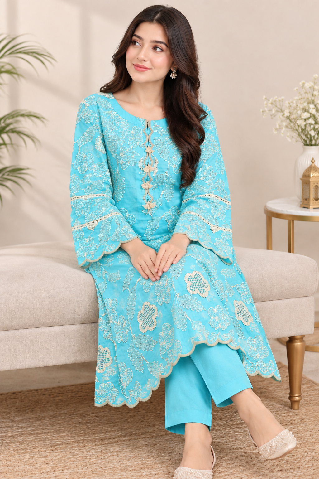 Aqua Blue Pure Embroidered Silk Lawn - Women