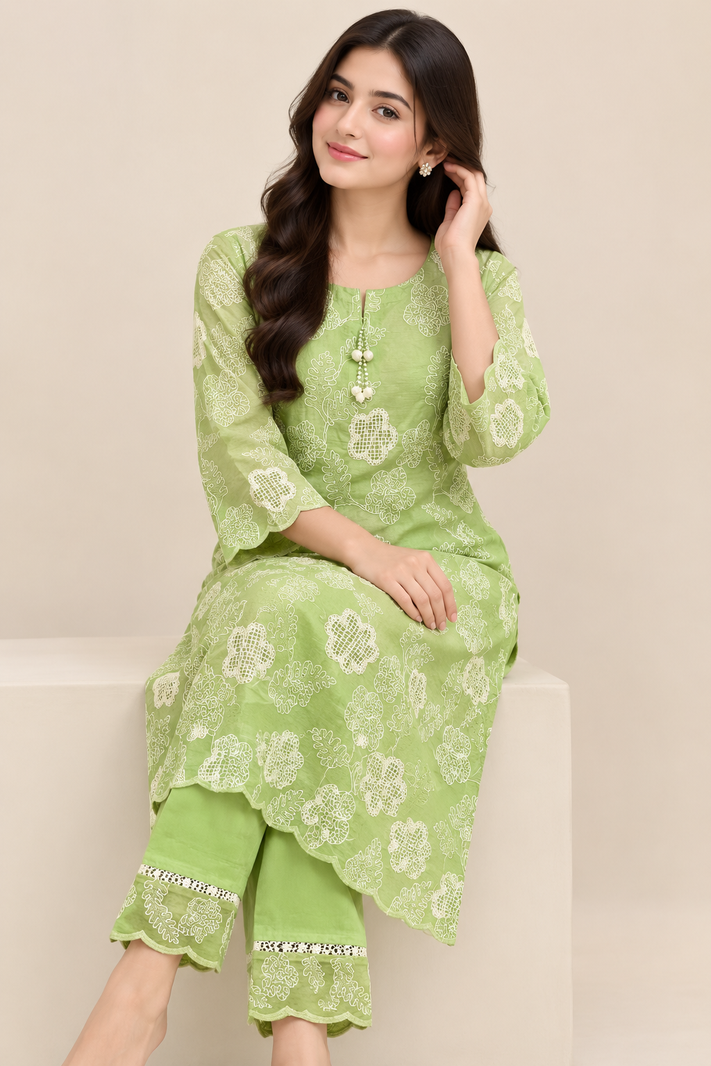 Pistachio Green Pure Embroidered Silk Lawn - Women