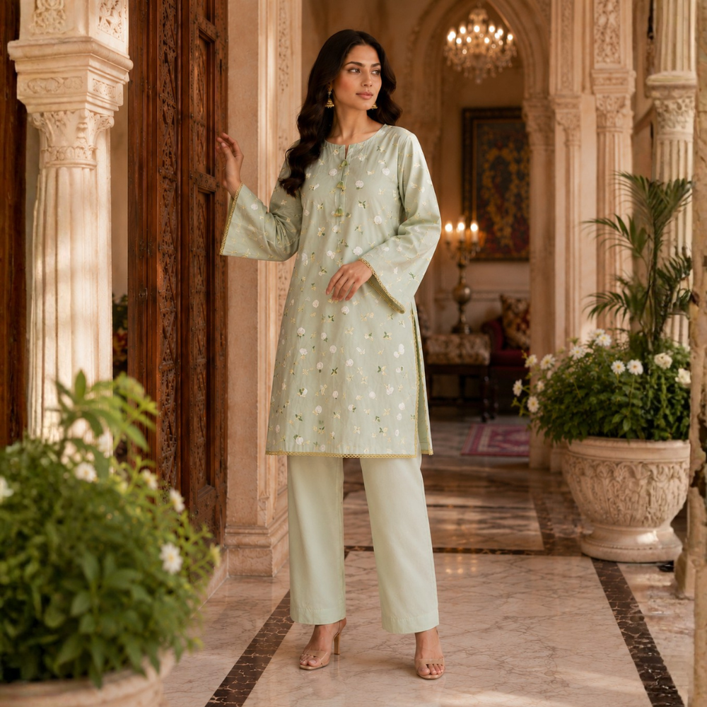 Tea Green 3D Chikankari Pure Lawn - Women