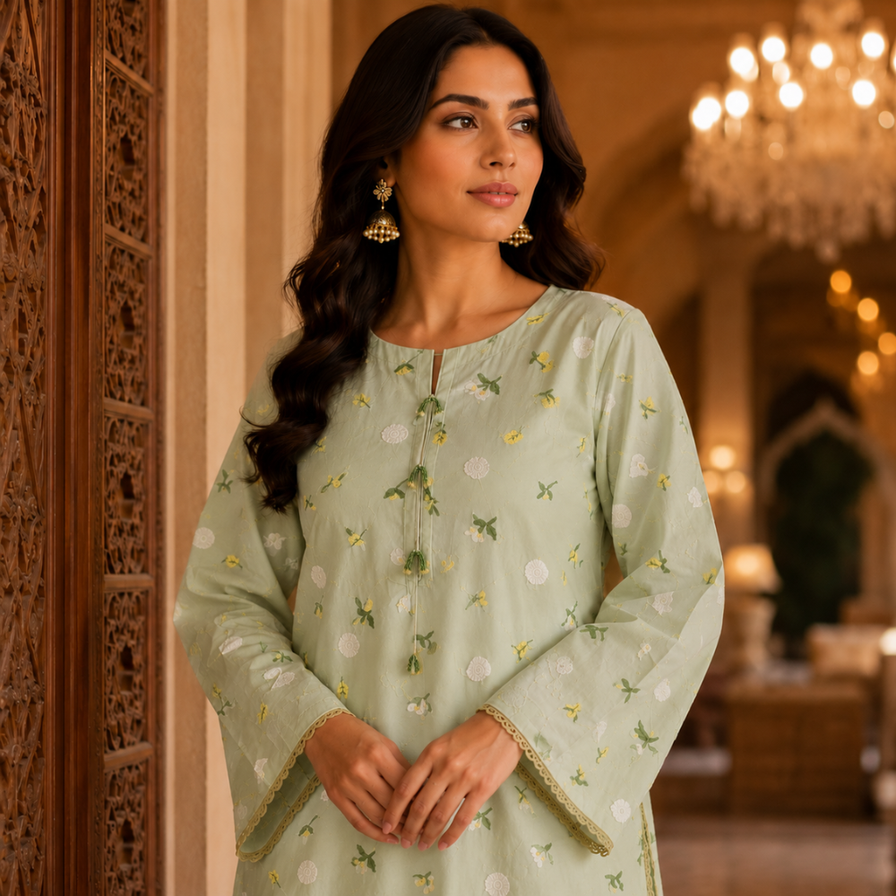 Tea Green 3D Chikankari Pure Lawn - Women